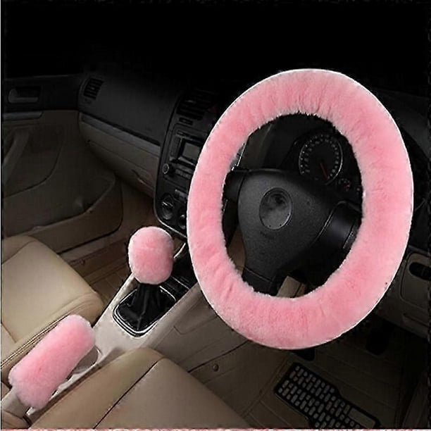 Funda para volante de coche, funda para palanca de cambios y freno de mano, protector decorativo, cuello de felpa súper grueso y cálido, suave, negro y rosa, para mujer y hombre.