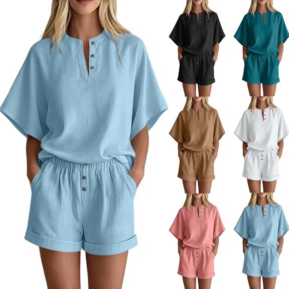 Bovxnpu Women's 2 Piece Outfits V Neck Short Sleeve Loose Summer Top Shorts Set