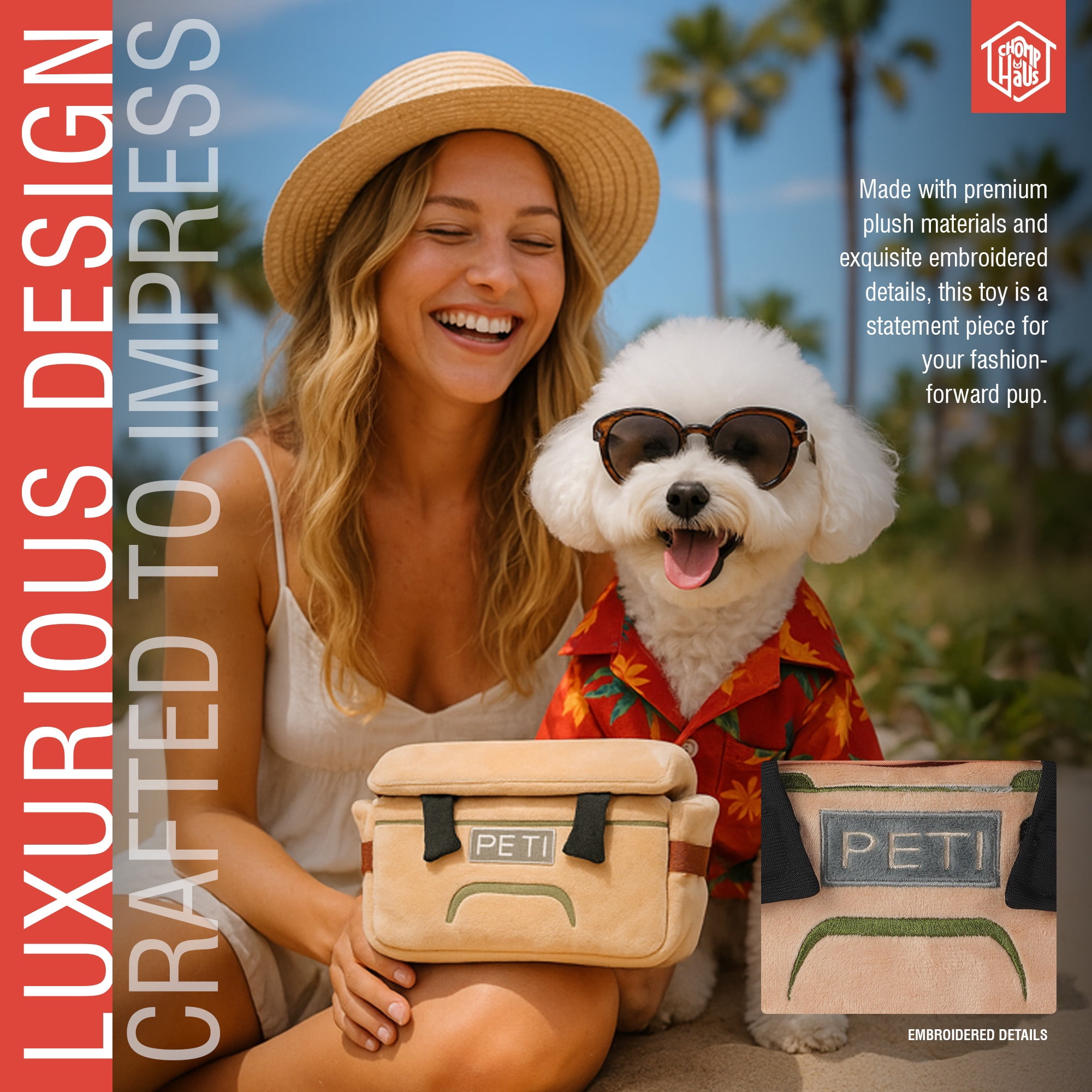 Chomp Haus Peti Cooler – Luxurious Plush Dog Toy Cooler with Premium Fabric, Embroidered Details, Holds Chomp Haus Plush Can Toys, Designer-Inspired Gift for Dogs of All Sizes & Dog Lovers