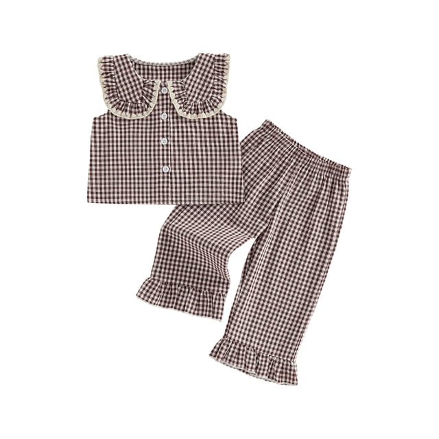 Conjunto de 2 piezas para niñas pequeñas: top sin mangas con cuello de muñeca y estampado a cuadros, y pantalón con cintura elástica.