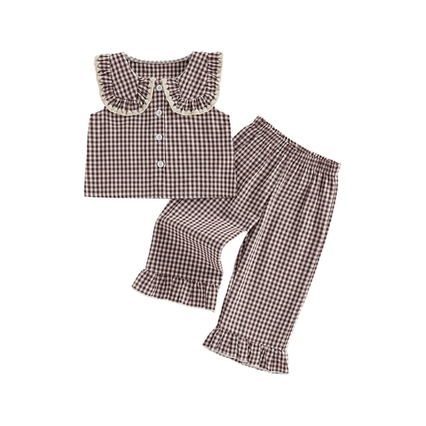 Conjunto de 2 piezas para niñas pequeñas: top sin mangas con cuello de muñeca y estampado a cuadros, y pantalón con cintura elástica.