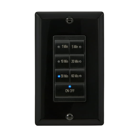 Maxxima 1875 Watt 7 Button Countdown Timer Switch - Maximum 60 Minute Delay, 1/2 HP Perfect for Bathroom Exhaust Fans, Indoor Automated Lighting, LED Indicatior Lights, Black, Wall Plate Included