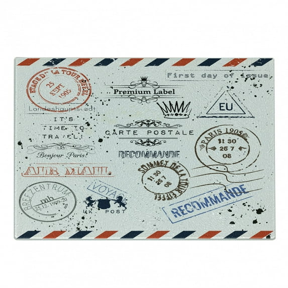 Vintage Cutting Board, Retro Post Stamps Postage Mail Paris Antique Design Vocation Traveling, Decorative Tempered Glass Cutting and Serving Board, Small Size, Multicolor, by Ambesonne
