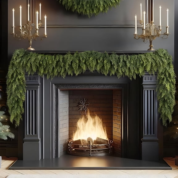 VANIDO Christmas Cedar Garland, Real Touch Winter Cedar Cypress Garland, Artificial Green Faux Cedar Pine Garland for Mantle Fireplace Indoor Outdoor Holiday Party Home Decoration