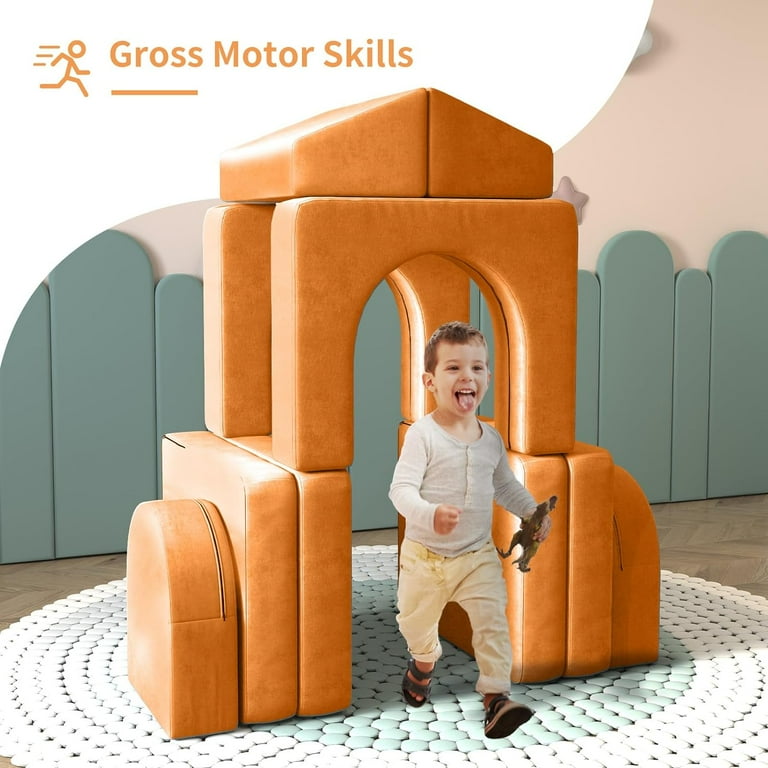 Kids Sofa Couch 10PCS Linor Modular Toddler Couch for Playroom Dutch Velvet Multifunctional Play Couch Sofa for Kids Light Brown