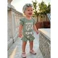 thumbnail image 4 of BemeyourBBs Newborn Baby Girls Summer Clothes Baby Girl Little Sister Mama's Girl Outfit Cute Letter Print Short Sleeve Ribbed Romper Elastic Strawberry Floral Ruffled Shorts Headband 3-Piece Set, 4 of 9