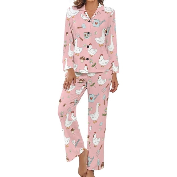 Top-kevin Farm Animals Garden Women's Long-Sleeve Shirt And Full-Length Bottom Pajama Set