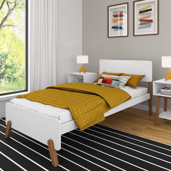 Max & Lily Mid-Century Modern Twin Platform Bed for Kids, Solid Wood, White/Pecan