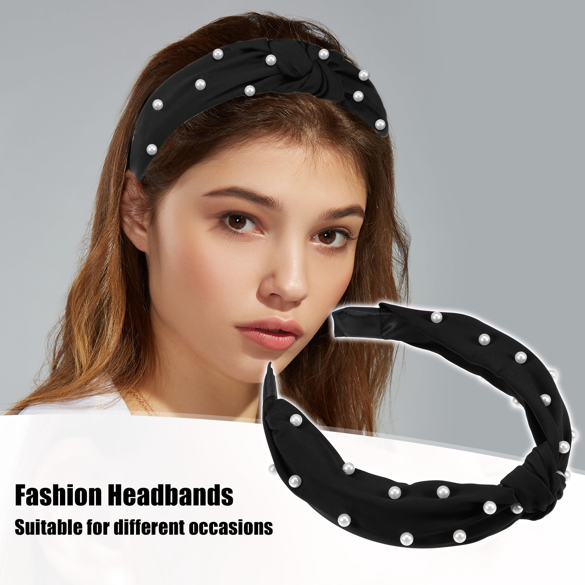 Black Satin Pearl Rhinestone Headband Padded Statement Hairband NWT QIANXUAN Fashion Pearl Headband for Women - Elegant Black  main image 3