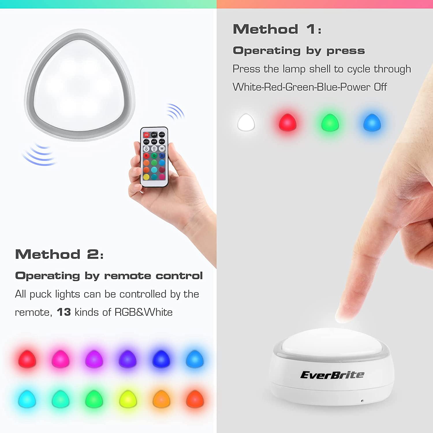 JJEAN-Tap Light, LED Puck Lights, Wireless Push Lights, Remote Controlled Closet Lights with 12 RGB Colors, Perfect for Under Cabinet, Closets, Pantry, with 18 AAA Batteries, 6-Pack