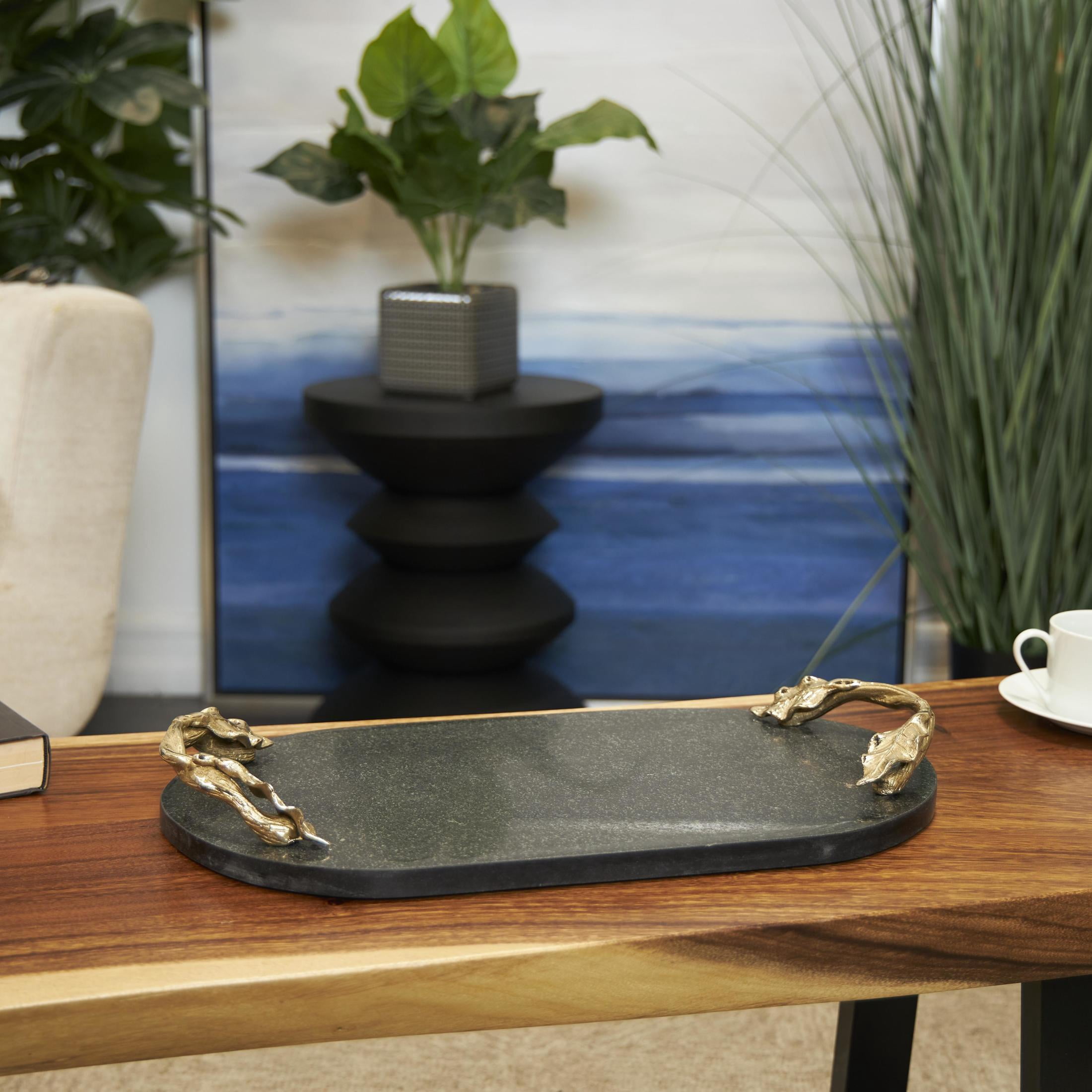 DecMode 19" x 10" Black Marble Oval Leaf Tray with Gold Twisted Metal Handles, 1-Piece