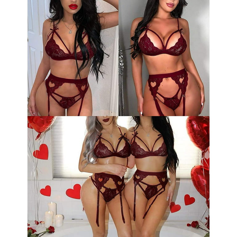 RSLOVE Women's Sexy Lingerie Set with Bra and Panty 2 Pieces Lace, Wine Red  : : Fashion