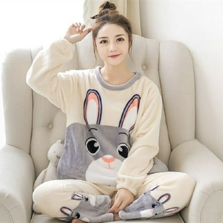 

Autumn Winter Warm Flannel Women Pyjamas Sets Thick Coral Velvet Long Sleeve Cartoon Sleepwear Thin Flannel Pajamas Set