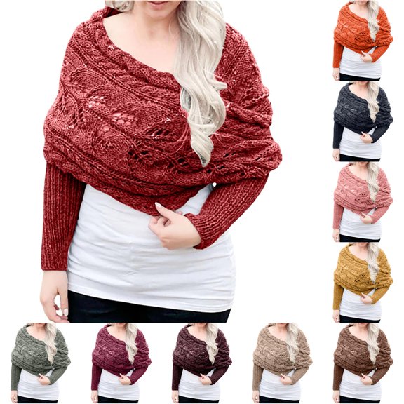 AWZXDE Ladies Fashion Casual Autumn Winter Outdoor Solid Color Hollow Thickened Comfortable Double Sleeve Shawl Scarf With Sleeve Sweater Scarf Red