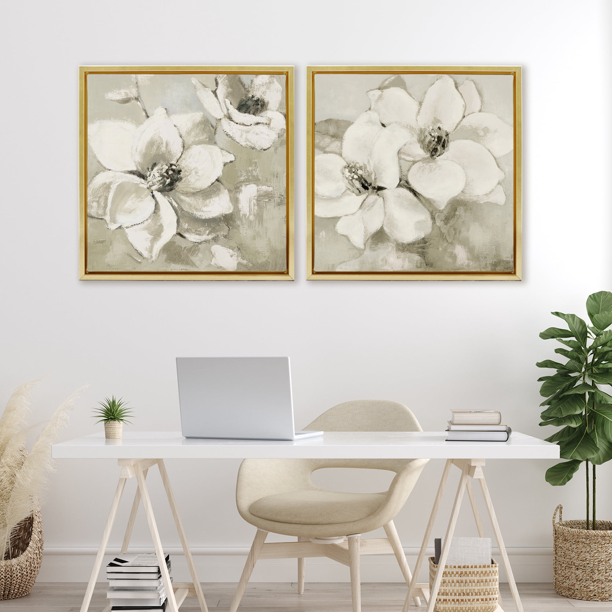 Stupell Industries Beige Magnolias after Rain 2 Piece Gold Framed Floater Canvas Set, design by Lanie Loreth