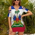 thumbnail image 3 of Haiti Haitian Flag Coat of Arms Red Womens Summer V Neck Zipper Top Short Sleeve T Shirt Off Shoulder Top Casual Classy Loose Shirts, 3 of 7