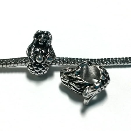 Mermaid Holding Pearl - 3 Beads - Mermaid Holding Pearl Orb Silver European Bead Charm E1379