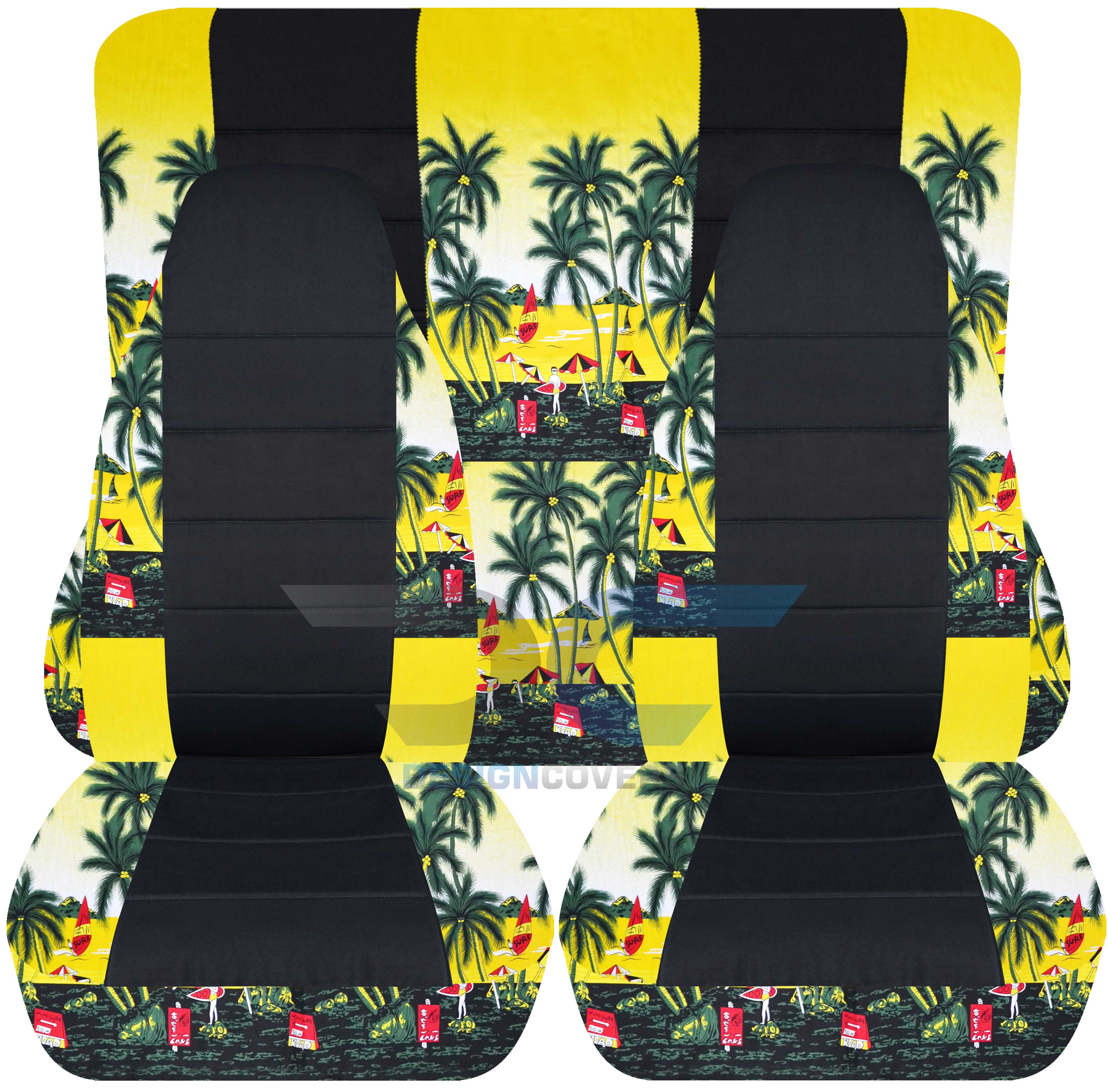 T455-Designcovers Compatible with 1997-2002 Jeep Wrangler TJ  SE/Sport/Sahara Camo Seat Covers:Yellow Hawaiian w Flowers and Black Cotton  -Front&Rear 