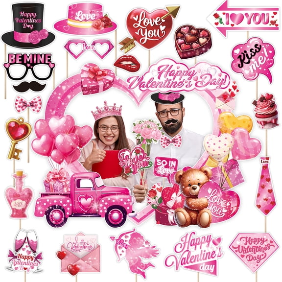 Jia Store Valentine's Day Photo Booth Props - 1 Pcs Large Size Valentines Photo Props Frame and 30 Pcs Happy Lovers Selfie Photo Booth Props for Valentine’s Day Party Decorations Favors Supplies
