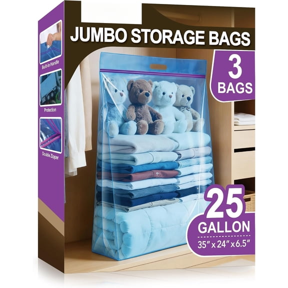 25 Gallon Storage Bags with Zipper and Handle for Clothes Pillow Travel Moving, , 35" x 24", Blue, Pack of 3