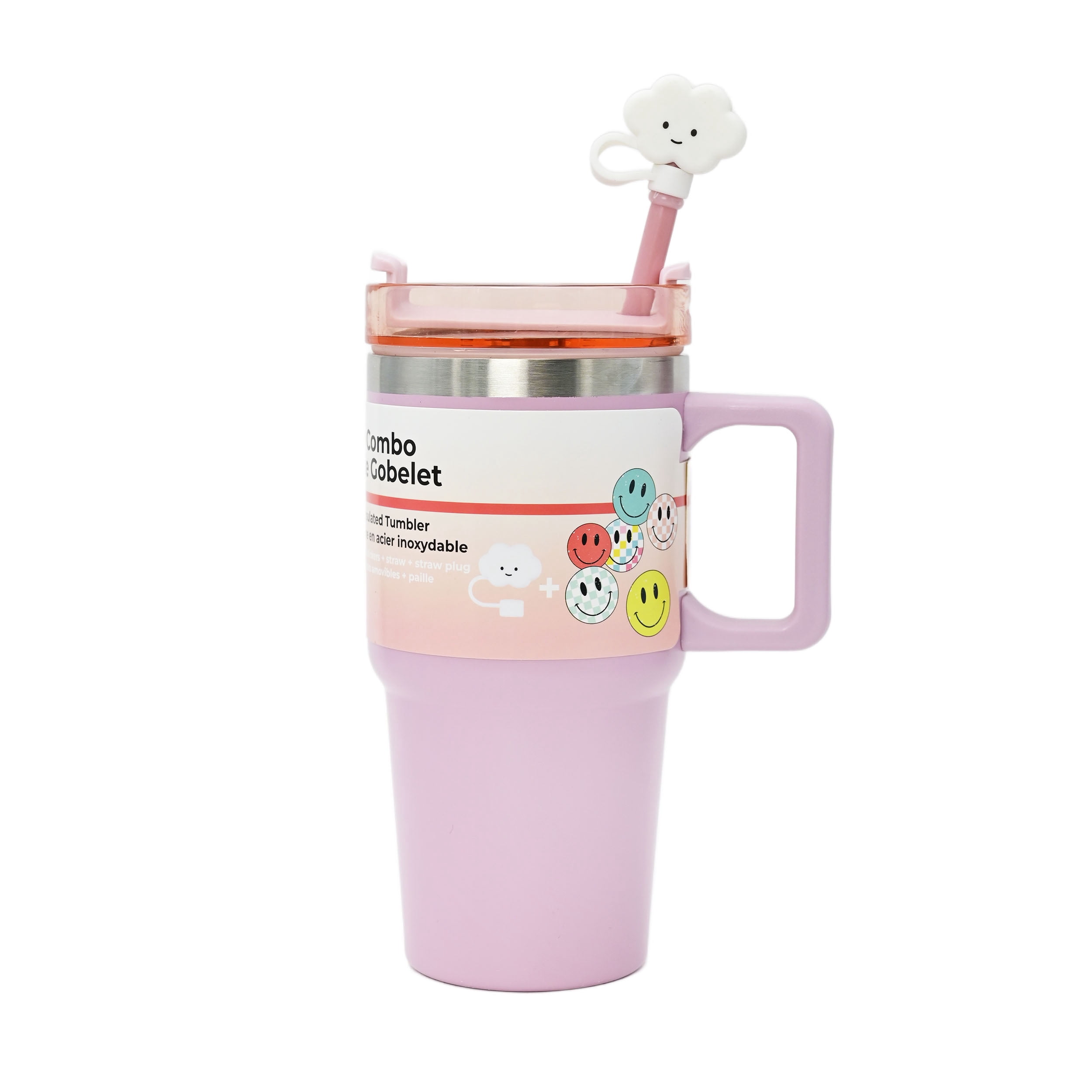 Gobelet pour enfants en acier inoxydable rose avec paille, couvre-paille nuage et 6 amovible Smiley autocollants, 20 oz