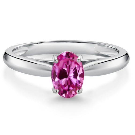Gem Stone King 10K White Gold Pink Created Sapphire Solitaire Engagement Ring for Women (0.90 Cttw, Oval 7X5MM, Gemstone September Birthstone, Size 9)