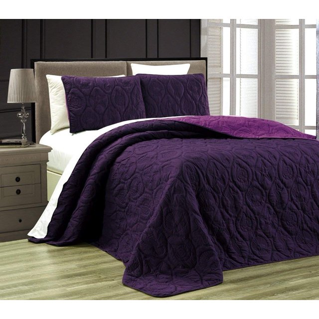 Grand Linen 3-Piece Tropical Coast Seashell Beach Queen/Full Oversize Oversize Bedspread Dark Purple/Light Purple Reversible Coverlet Embossed Bed Cover Set. Sea Shells, Sea Horse, Starfish etc.