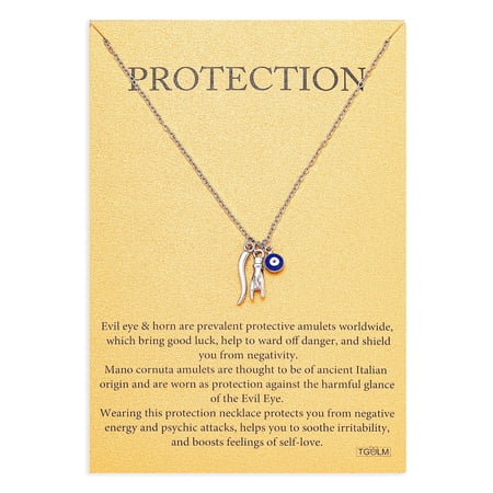 Dainty Blue Evil Eye Charm Horn Hand Pendant Necklace for Women's Spiritual Protection Jewelry 14K Gold Plated