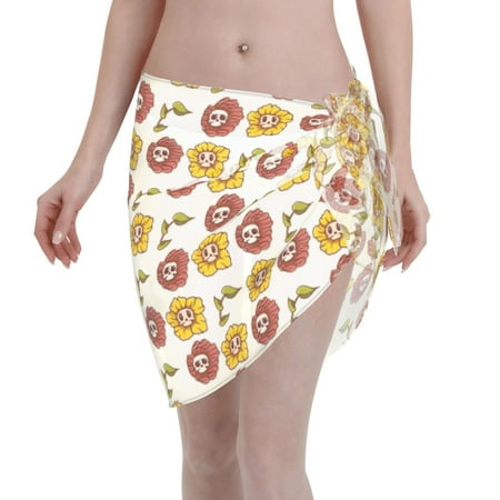 Qekee Sunflowers And Skull Women s Short Sarongs Cover Ups Sheer Bikini Wraps for Swimwear