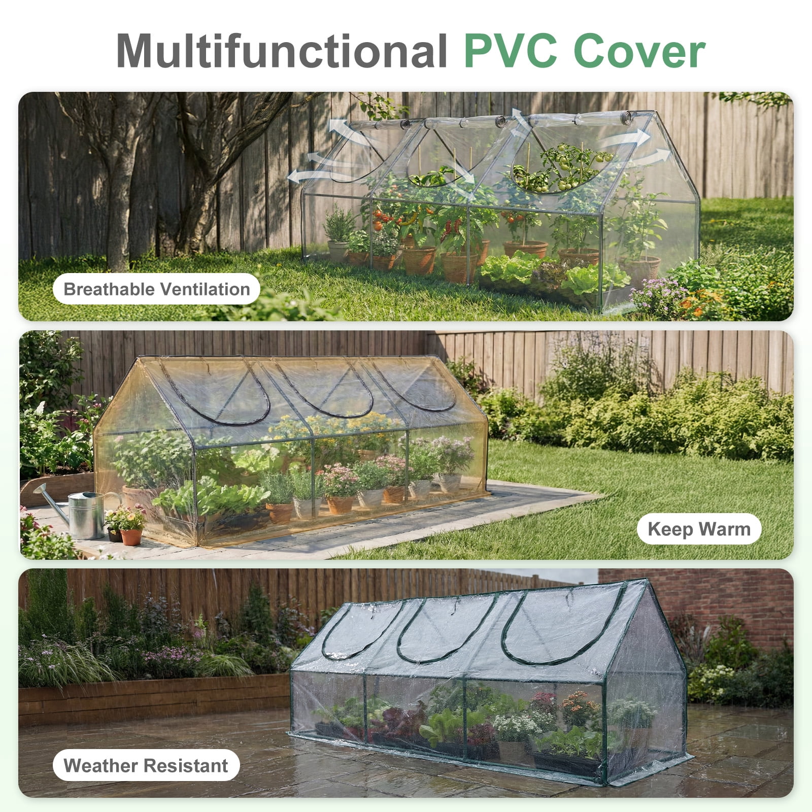Aoodor 9 ft. x 3 ft. x 3 ft. Mini Greenhouse with 3 Zipper Doors, Water Resistant UV Protected for Flowers, vegetables and herbs - Transparent