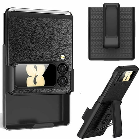 Decase Samsung Galaxy Z Flip4 Holster Case, Lychee Pattern Full Coverage Back Kickstand Rotating Belt Clip Shell Cover for Samsung Galaxy Z Flip 4, Black