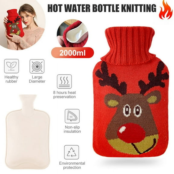 Hot Water Bottle with Knit Cover, VONTER Transparent Hot Water Bag, Good for Pain Relief (2 Liters, Red)