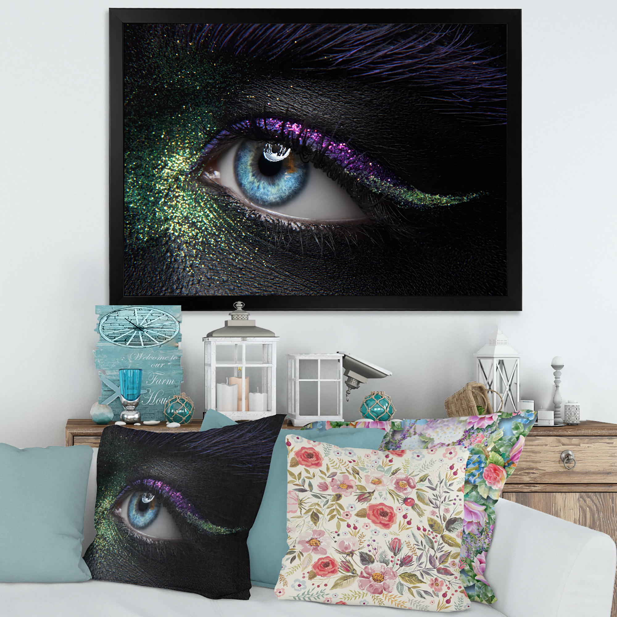 Designart 'Woman Eyes With Green & Purple Pigment & Sparkles' Modern Framed Art Print