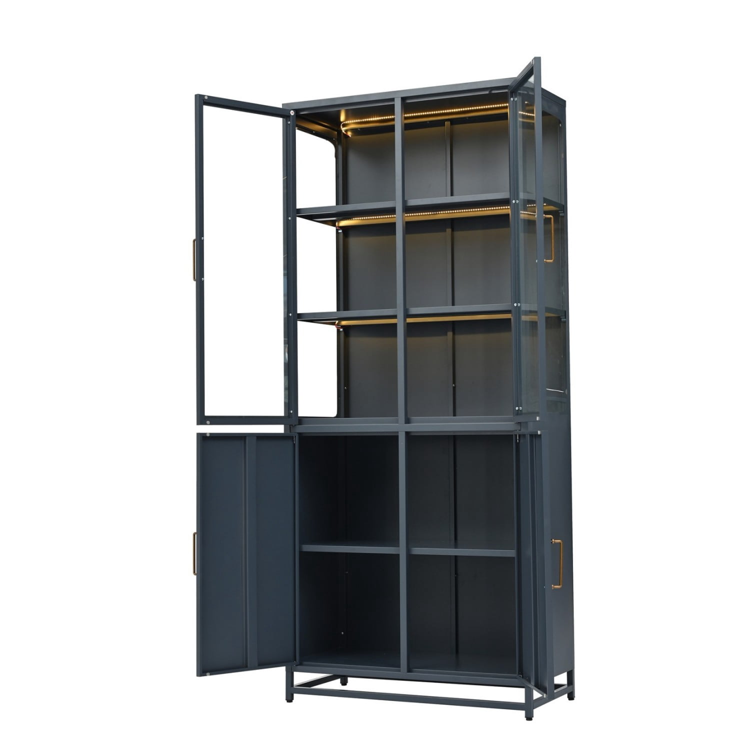 76.75" Tall Glass Display Cabinet with LED Lights, Steel Curio Cabinet with 3-Sided Glass, Double Door Storage Cabinet for Kitchen Living Room Office Pantry Home Decor, Dark Blue