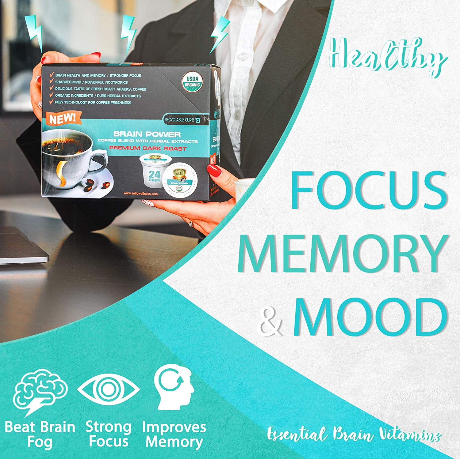 SOLLO Brain Power Coffee Pods MCT, Acai & Vitamins B1, B5, B6, B9, B12, D3 Nootropic Brain Booster - Improves Memory & Focus Compatible with 2.0 K-Cup Keurig Brewers, 24 Count