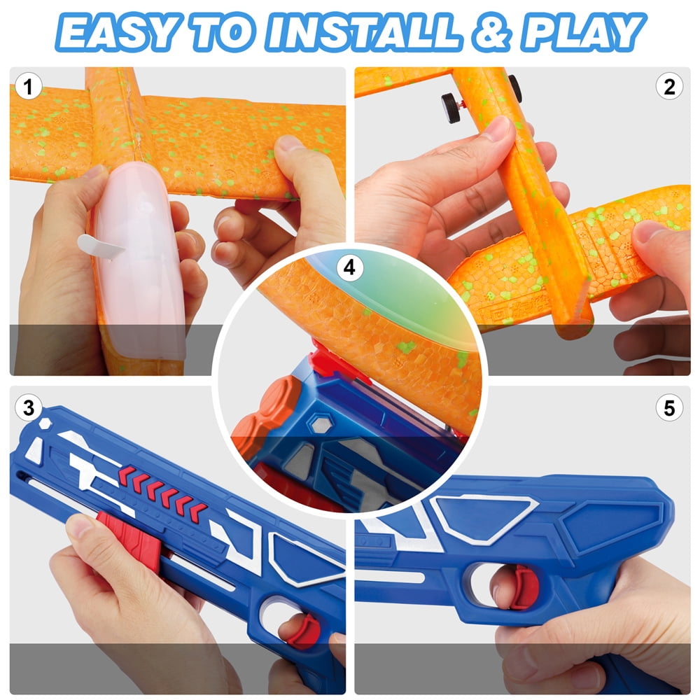 Allaugh 3 Pack Airplane Launcher Toys, Foam Glider LED Light Airplane 2 Flight Mode Catapult Plane Toy for Boys, Outside Flying Toys Gifts for 4 5 6 7 8 9 10 11 12 Years Old