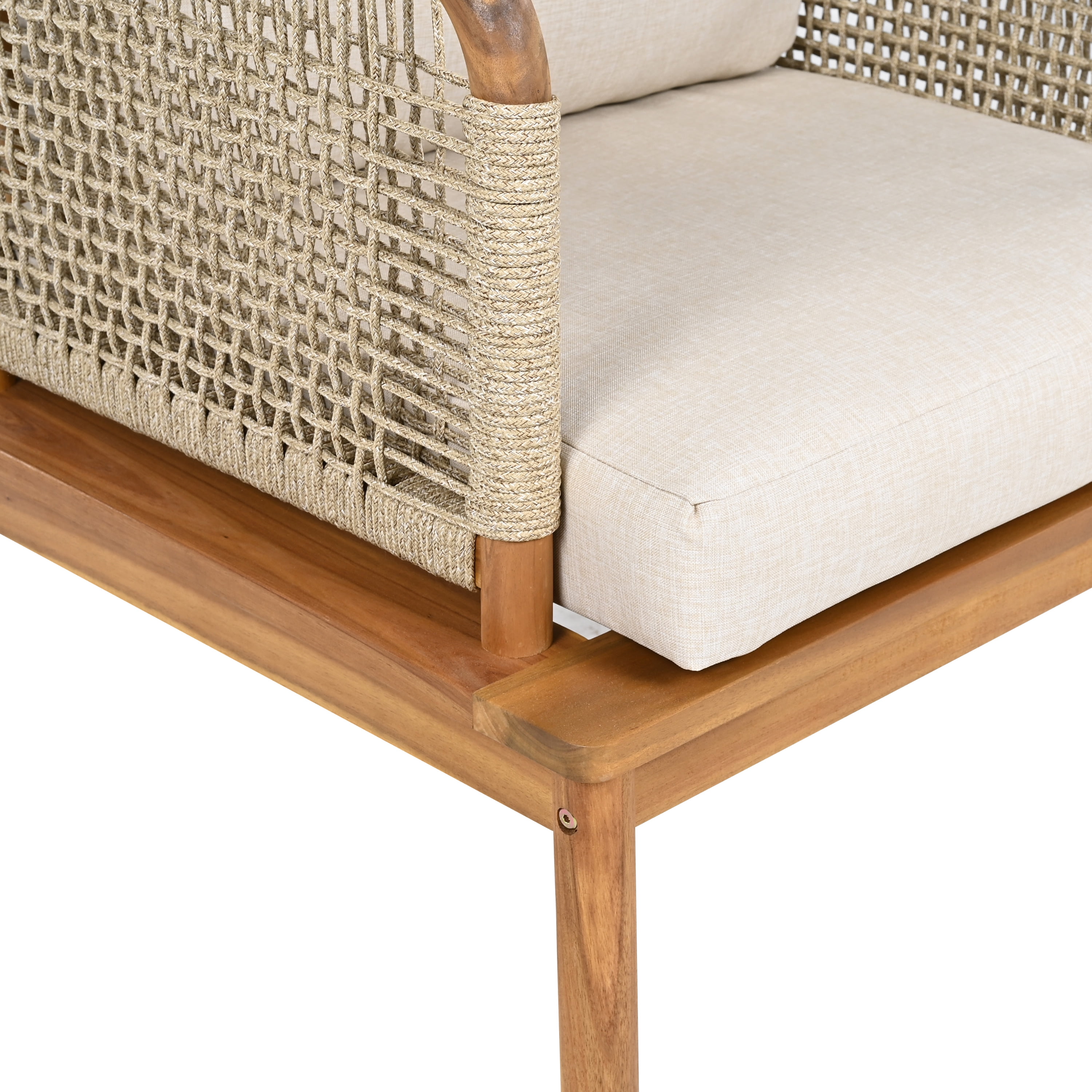 Outdoor 3-Piece Acacia Wood & Rope Patio Sofa Set, Conversation Seating with Ottoman & Coffee Table for Garden Backyard Deck, Teak+Beige