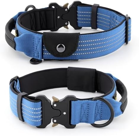 Tactical Dog Collar with Tracker Pocket for AirTag, Adjustable Reflective Nylon Collar, Metal Buckle, Leather-Wrapped Handle, Soft Padded for Medium Large Dogs (Blue, L)