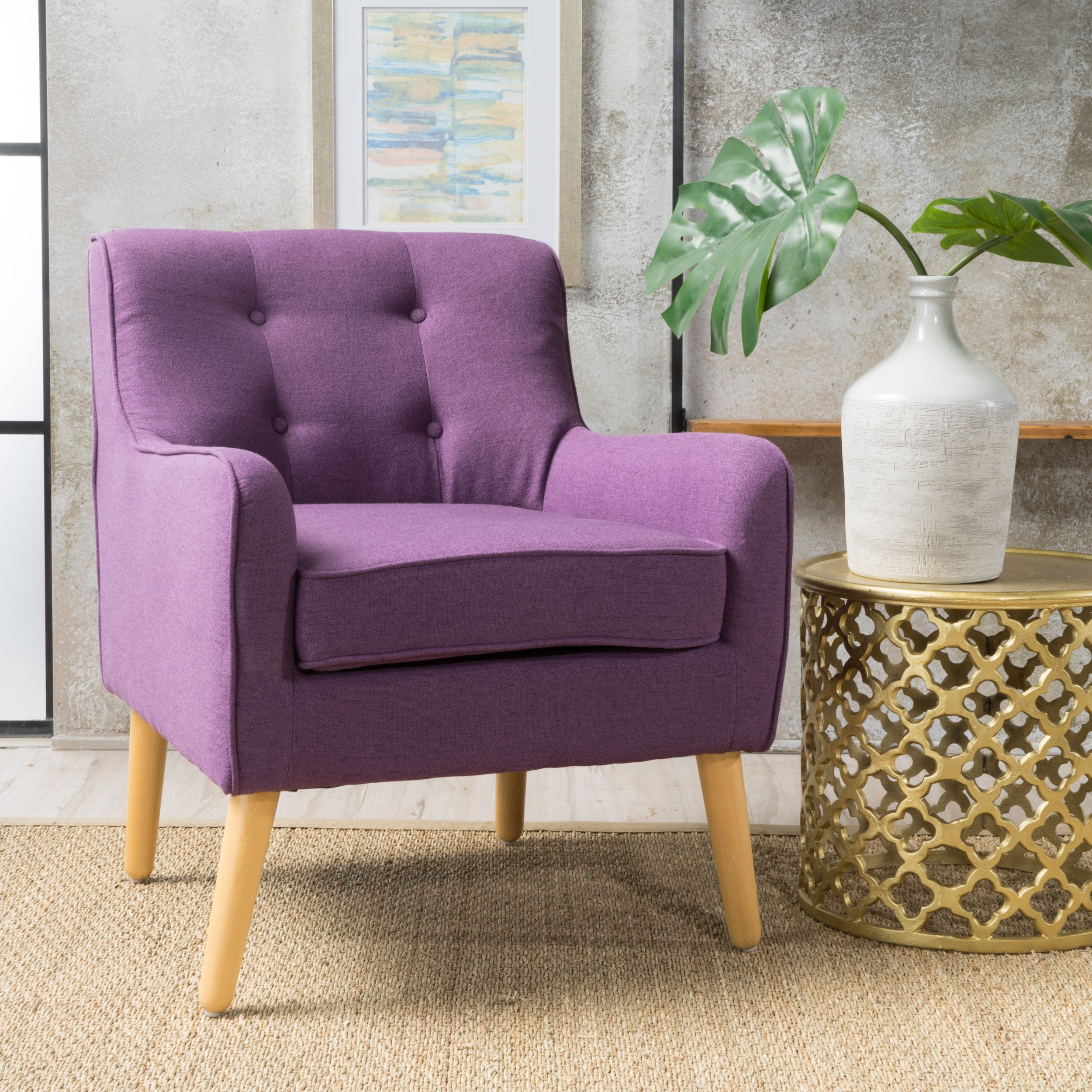 Noble House Ingrid Mid Century Fabric Arm Chair,Purple
