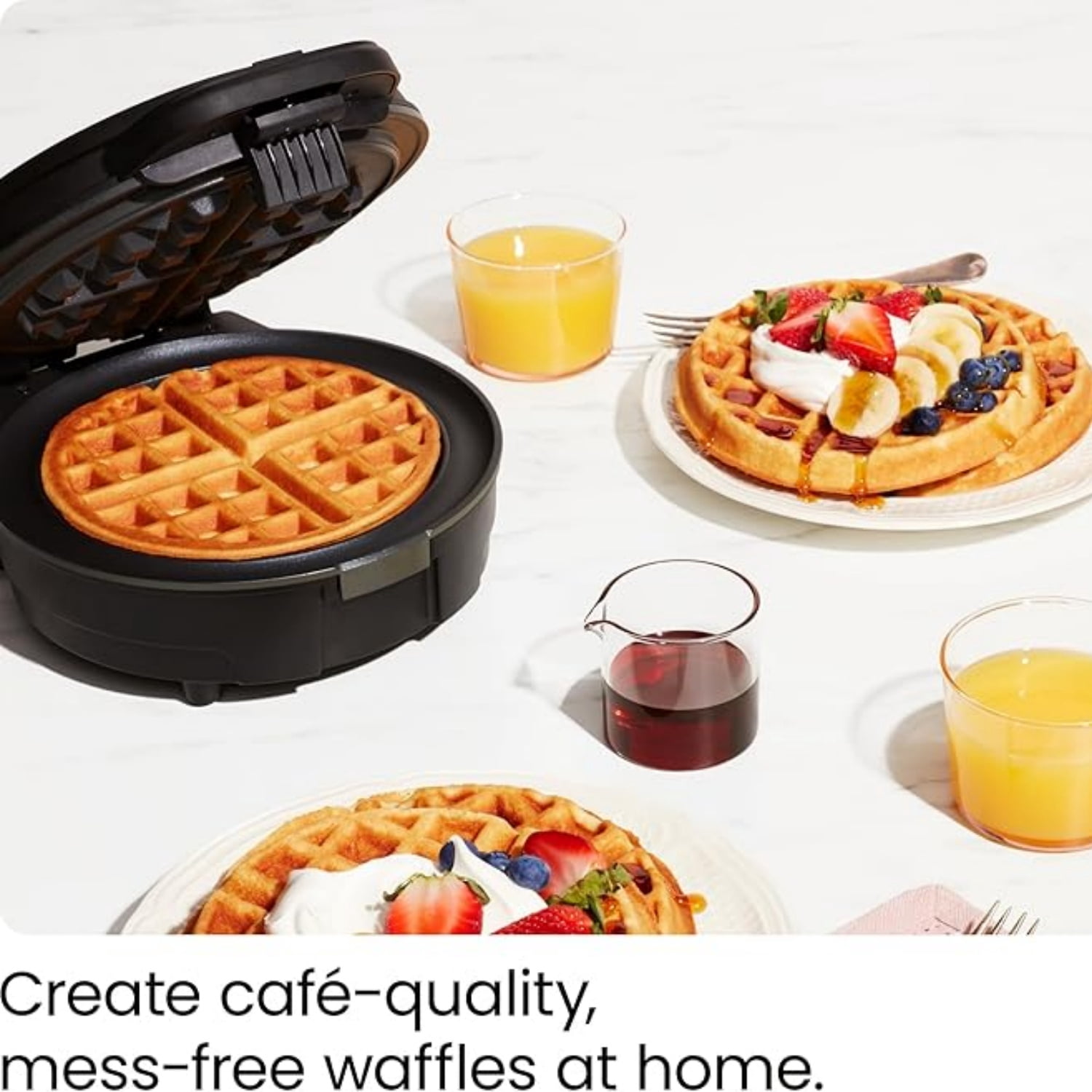 Anti-Overflow Belgian Waffle Maker w/Shade Selector, Temperature Control, Mess Free Moat, Round Iron w/Nonstick Plates & Cool Touch Handle, Measuring Cup Included, Black