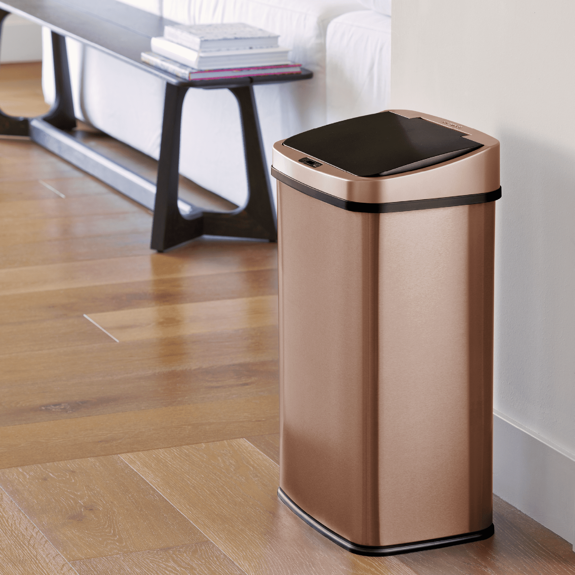 Nine Stars Automatic Trash Can, 13 Gallon Stainless Steel, Motion Sensor Hands free Soft close Lid Garbage Bin, Rosegold