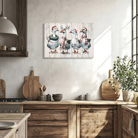 Newest 20"x28" Framed Vintage Duck Canvas Wall Art, Christmas Mallards Watercolor with Gold Dust & 3D Sand Accents for Farmhouse Living Room