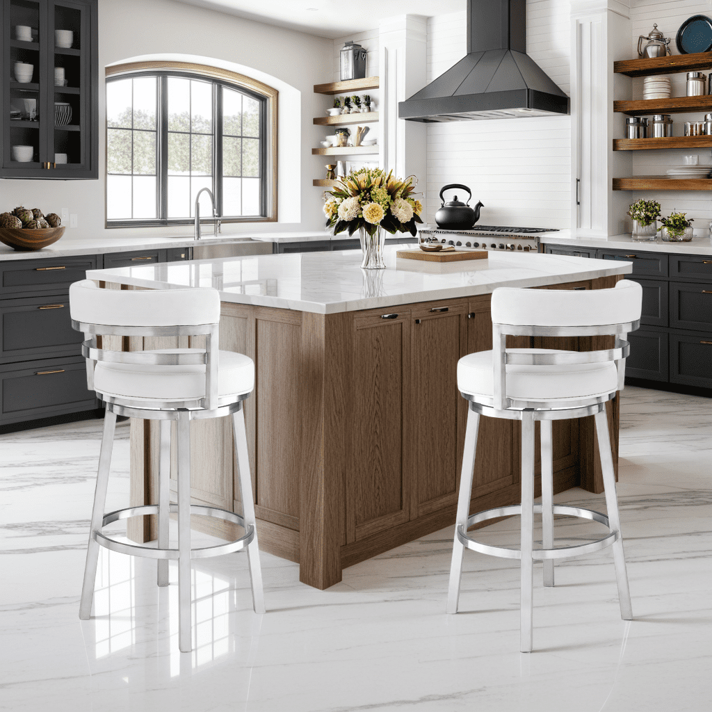 Armen Living Madrid 26" Seat Height Swivel White Faux Leather and Brushed Stainless Steel Bar Stool for Kitchen Island Counter, Set of 2