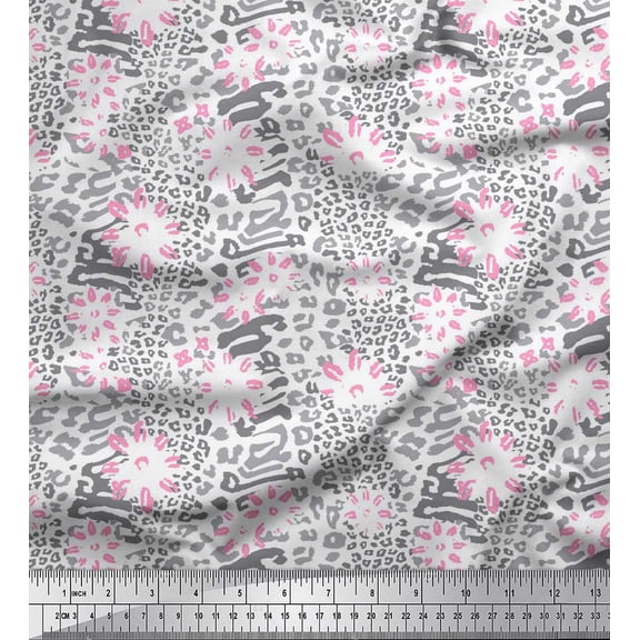 Soimoi White Silk Fabric Leopard Animal Skin Print Sewing Fabric Yard 42 Inch Wide
