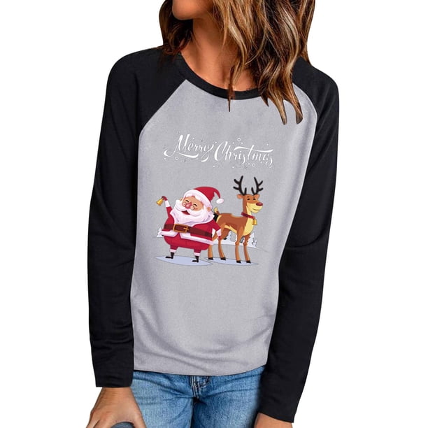 Camisas de manga larga ligeras con cuello redondo de Navidad para mujer Camisas de túnica de otoño para mujer Tops de otoño Pompotops FGAJ10255