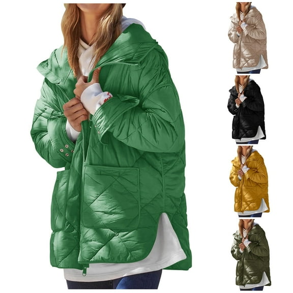 Feancey Women's Quilted Jackets Fashion Side Slit Hooded Puffer Coats Oversized Winter Warm Zip Up Hoodie Jacket Coat with Pockets Black XL