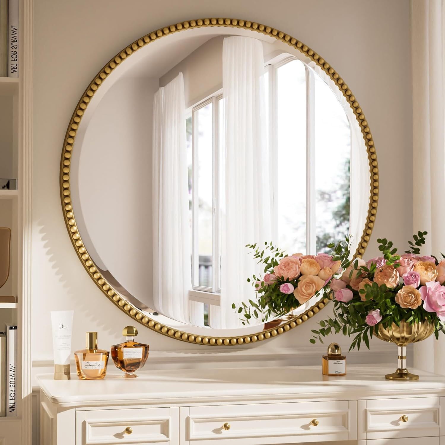 Mirrasia 32" Round Wall Mirror Decoration Hanging Mirror With Beaded Frame,Gold