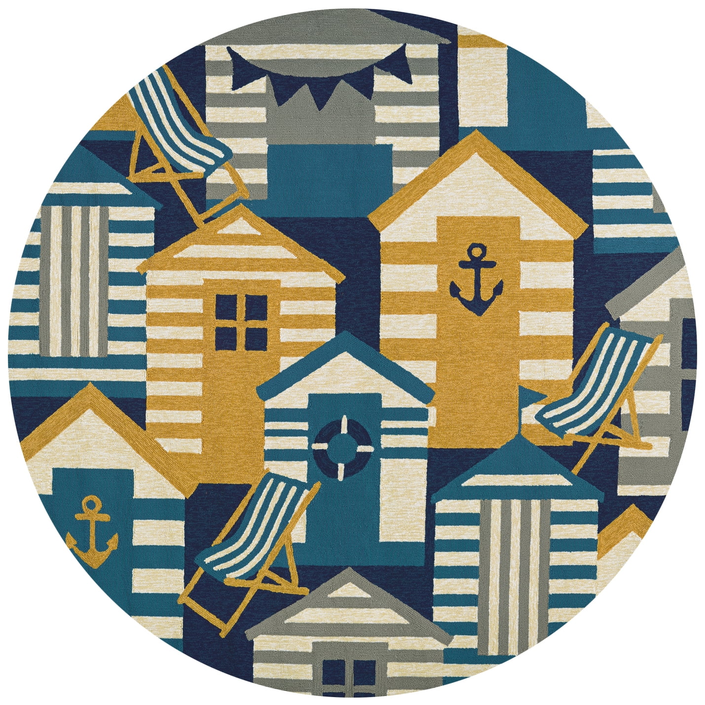 Outdoor Escape Beach Hut NavyMulti Indoor/Outdoor Round Rug Multiple