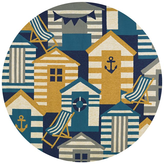 Outdoor Escape Beach Hut Navy-Multi Indoor/Outdoor Round Rug - Multiple ...