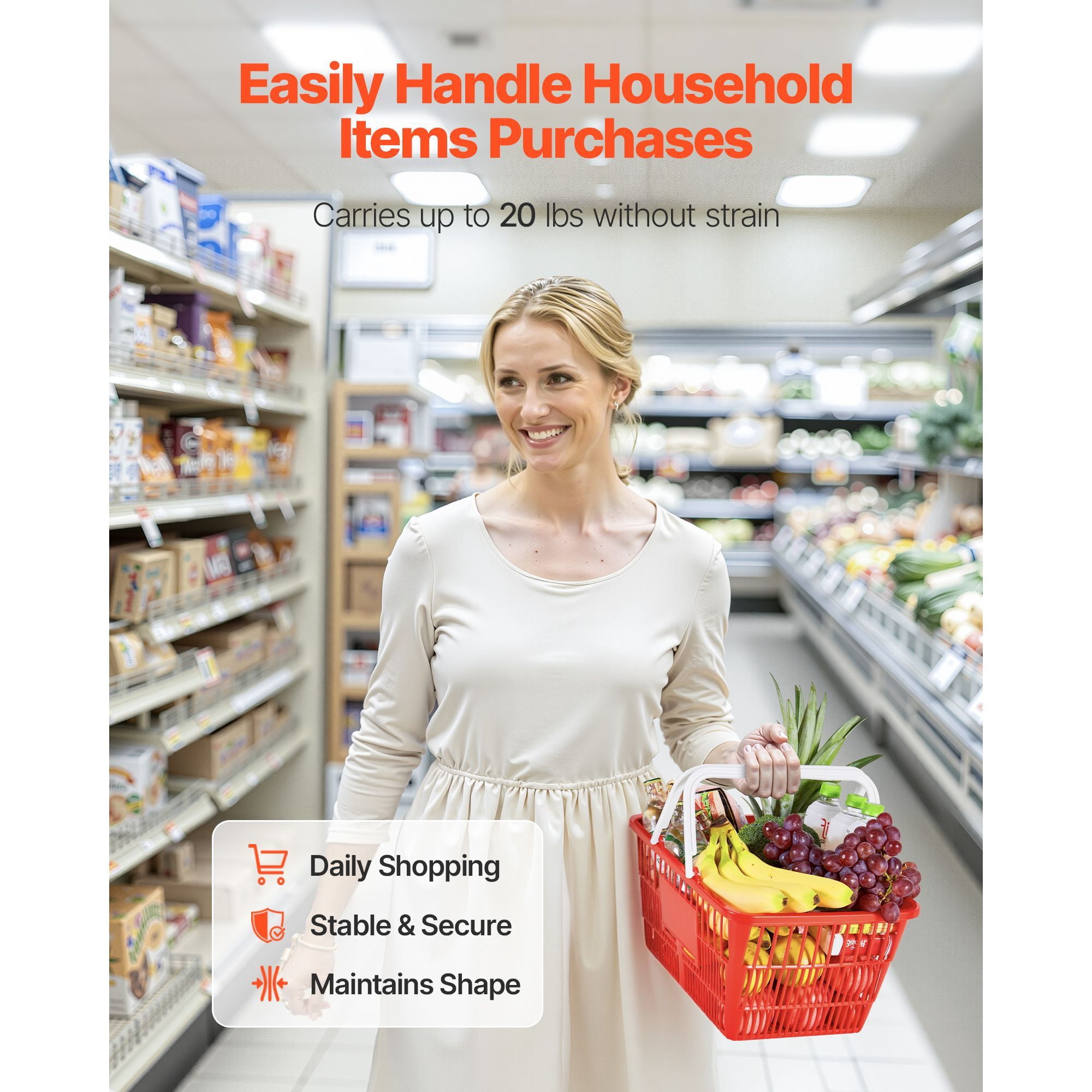 Shopping Baskets, 4 PCS, 21L Stackable PE Plastic, Ergonomic Handles, Dense Mesh Structure, Holds 20 lbs, for Grocery, Retail, Stores & Supermarket Use